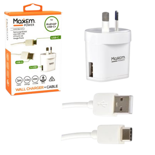 AC Charger + Type C Cable 1m Length 2 Piece Set White 1A Charge