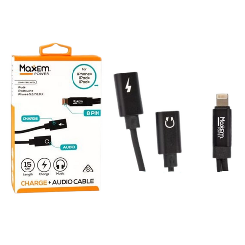 Dual Adapter 15cm Length Sync 8 Pin Fast Audio & Charge Black