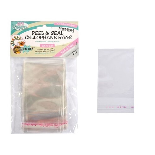 100pce Cello Bag Easy Peel & Seal 13x7.5cm Craft Jewellery Storage Clear Plastic