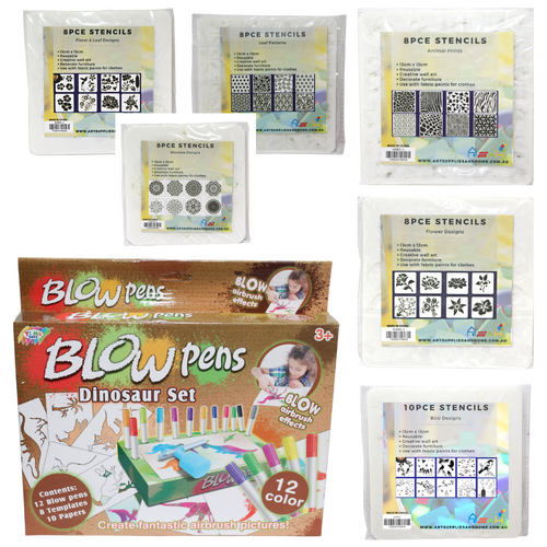 Blow Airbrush Pens Set 58 Stencils 12 Colours & Paper Kids Art Kit