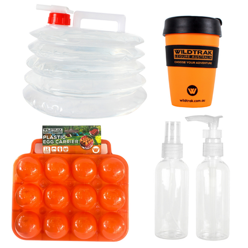 Food & Drink Travel Camp Set Egg Case, Coffee, Water & Spray/Pump Bottles