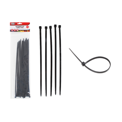 25pce Automotive Black Cable Ties 280mm Large Heavy Duty Plastic