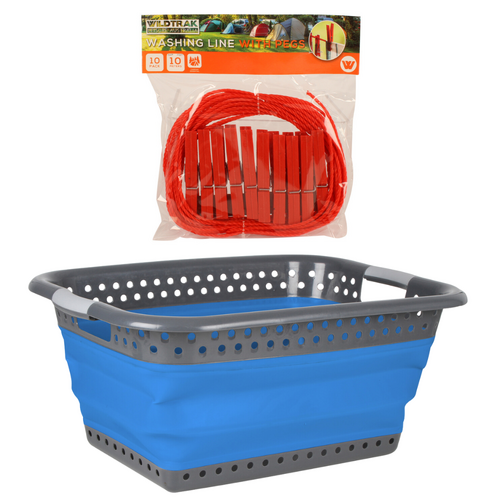 Washing Clothes Line + Washing Basket Set Collapsible, for Camping & Travel