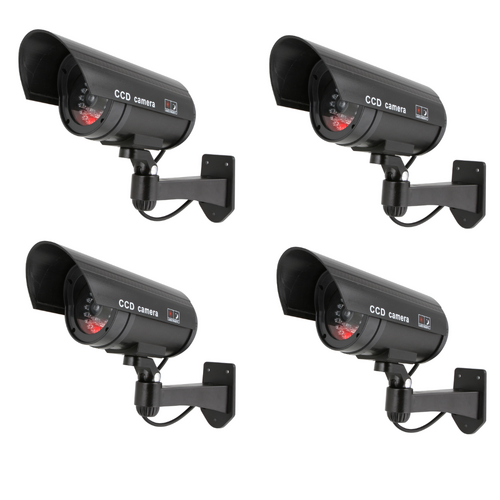4x Security Cameras Set Dummy Fake CCTV Style Black, Red Light Battery Powered