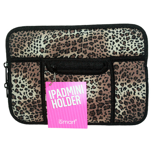 1Pce Mini Ipad Soft Zip Case/Cover/Pouch W/Extra Pockets-Leopard Print
