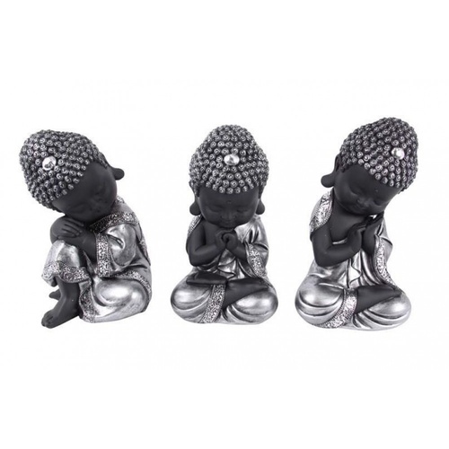 22cm Cute Buddhas/Monks Posing & Sitting in Silver & Black-Set of 3