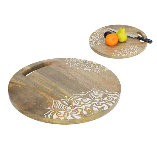 Cutting/Serving Board Round Wooden Engraved Mandala Chopping Platter Plate 38cm