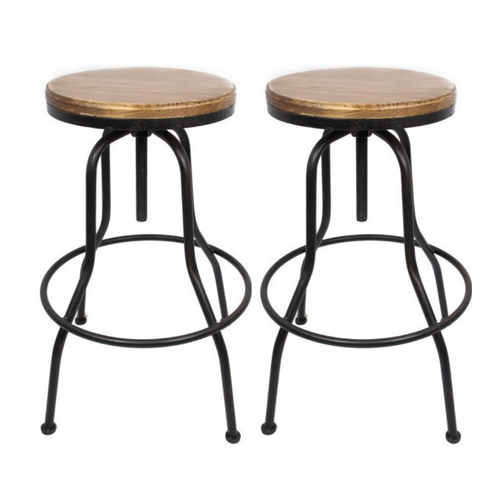 2x 85cm Bar Stools Set Wood Top Classic Antique Style Adjustable Height Cast Iron