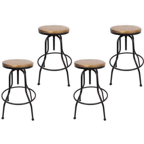 4x 85cm Bar Stools Set Wood Top Classic Antique Style Adjustable Height Cast Iron