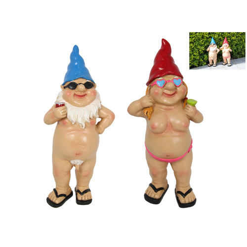 Garden Gnomes Set Nude Funny Standing Drinking Couple 29cm Resin 2pce