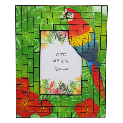 25cm Glass Parrot Photo Frame 4" x 6" Tropical Mosaic Style Free Standing