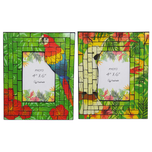 2x 25cm Glass Cockatoo & Parrot Photo Frame 4"x 6" Tropical Mosaic Style Free Standing