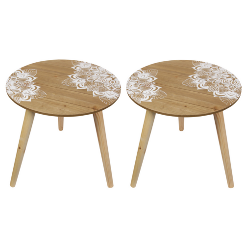 Pair of 40cm Round Bedside Tables Wooden White Mandala Boho Print Legs