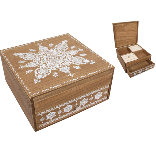 20cm Boho Style Wooden Jewellery Box with Mandala Print & Jewels
