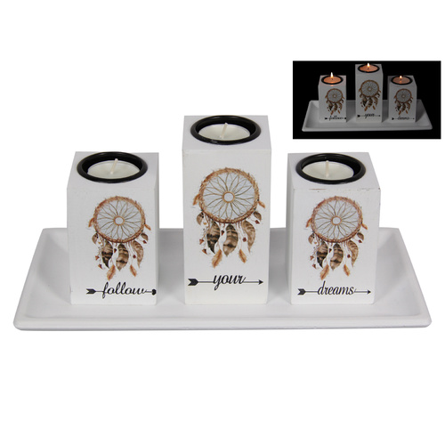 28cm Follow Your Dreams Tealight Candle Holder Set w/ Dream Catcher Print