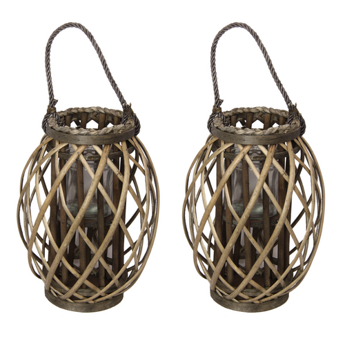 Pot Plant Holder Set Wicker Woven Natural 2pce 32cm Standing or Hanging