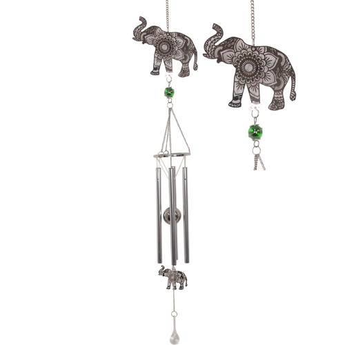 Silver Wind Chime Elephant Design with Green Bead Spinner Suncatcher 1pce 96cm