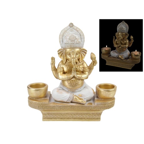 23cm Sitting Ganesh on Base with Twin Tea-light Holders - Spiritual Home Decor