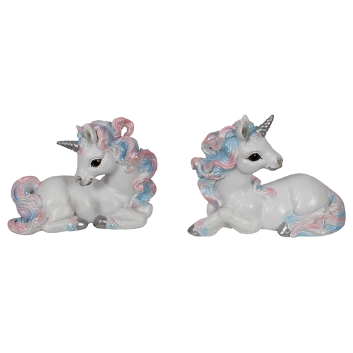 2x Unicorns Set Pink & Blue Lying Resin Decor Ornament Gift