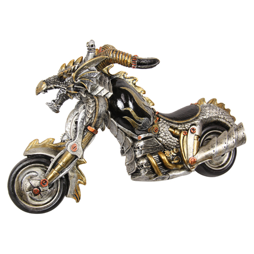 36cm Skull Hell Rider Steam Punk Biker Motorbike Resin Ornament Metallic