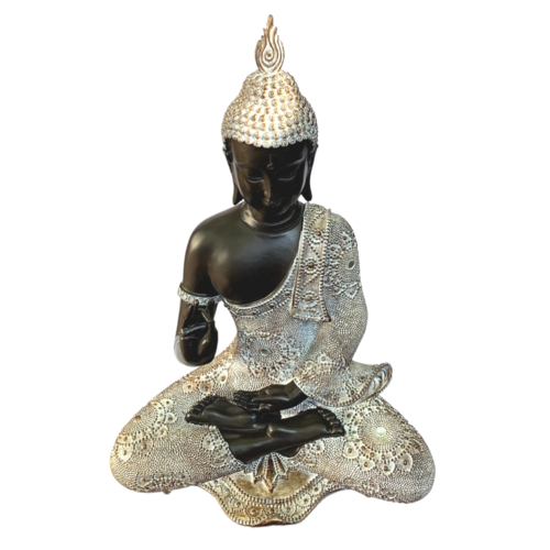 36cm Black Buddha with Silver/Brown Tribal Style Features, Meditating Pose Statue