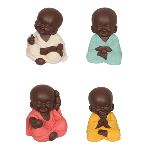 4x Cute Little Buddha Monks Set 7cm in Coloured Robes Resin Bundle