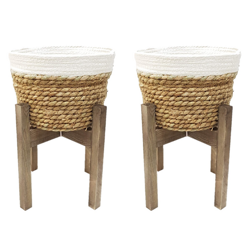 Pot Planter Holders Set 2pce 35cm Sea Grass on Wooden Stand Natural & White