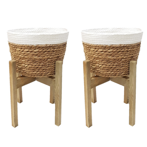 Pot Planter Holders Set 40cm 2pce Sea Grass Planter on Wooden Stand Natural Colours