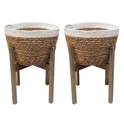 Pot Planter Holder 45cm 2pce Set Sea Grass Planter on Wooden Stand Natural Colours