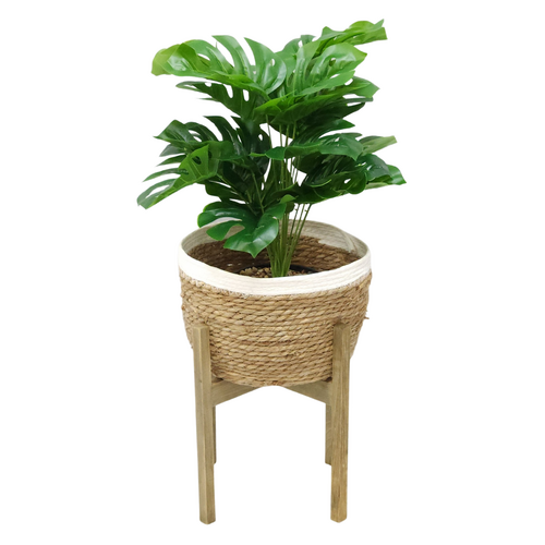 Monstera Plant & Stand Holder Set 45cm Seagrass Basket Holder Wooden Legs