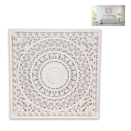 Mandala Wooden Wall Art 79cm Bed Head, Carved Lattice Filigree, White Bohemian
