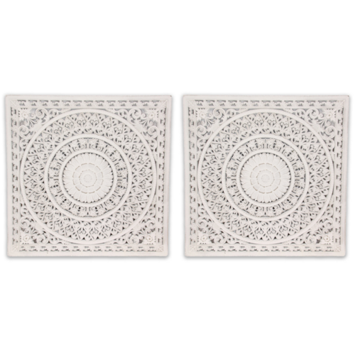 Pair of Mandala Wooden Wall Arts Bed Head Set 79cm Tall, Carved Lattice Filigree, White Bohemian