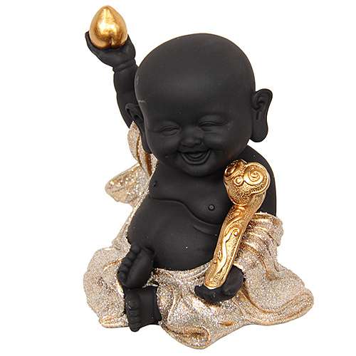 13cm Happy Holding Egg Buddha Monk Black & Gold Statue Home Decor