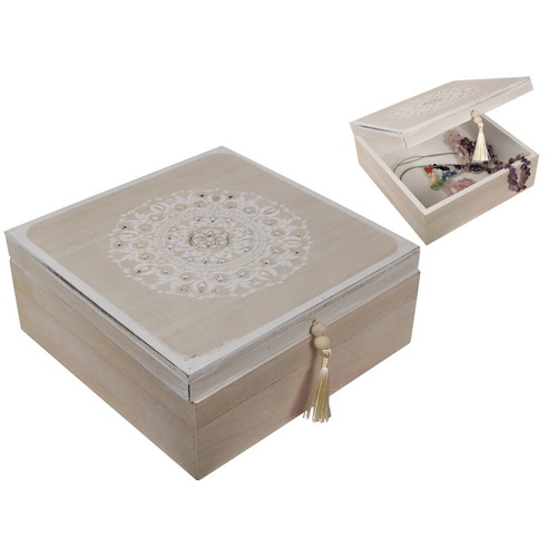 20cm Square Mandala Designed Trinket Box w/ Tassel Shabby White Colour