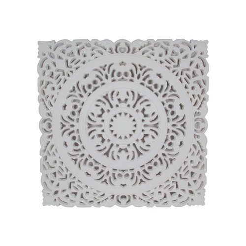 Mandala Wooden Wall Art 55cm Square, Carved Lattice Filigree, White Bohemian