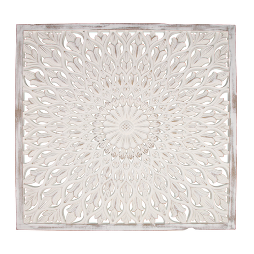 Mandala Filigree Wooden Wall Art 80cm Bed Head, Carved Lattice, White Bohemian