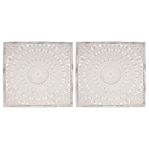 Pair of Mandala Wooden Wall Arts Bed Head Set 80cm Tall, Carved Lattice Filigree, White Bohemian