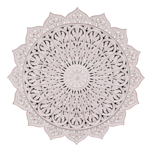 Mandala Sun Wooden Wall Art 80cm Round, Carved Lattice Filigree, White Bohemian