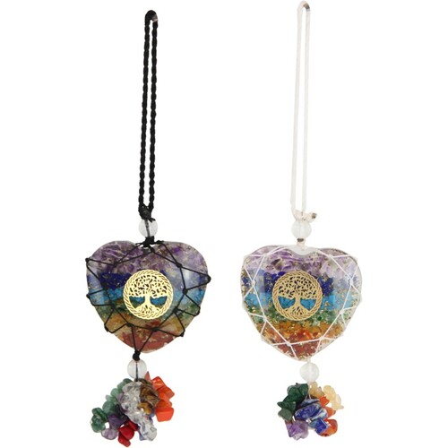 Pair of Chakra Rainbow Crystal Heart Hangers with Tree of Life Symbols 18cm