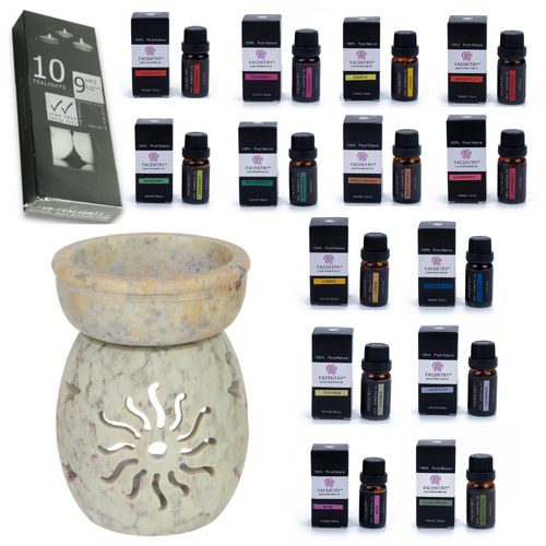 Oil Burner Set + 14 Essential Oils Scents + Tealight Candles - Soapstone Style B