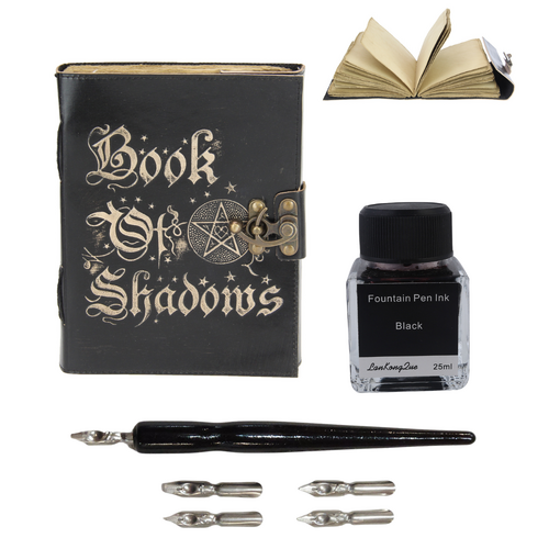 Leather Journal + Calligraphy Ink & Pen Set Book of Shadows Black 20cm Antique