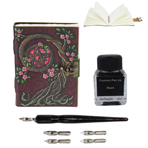Leather Journal + Calligraphy Ink & Pen Set Pentagram Tree of Life 20cm Plum Colour