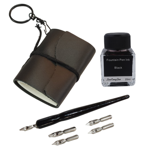 Key Ring Journal + Calligraphy Ink & Pen Set Black Mini Leather Bound Book 7.5cm