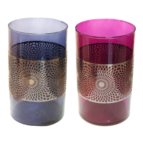 Large Glass Candle Holders Set with Metal Pattern Blue & Pink 20cm Height 2pce