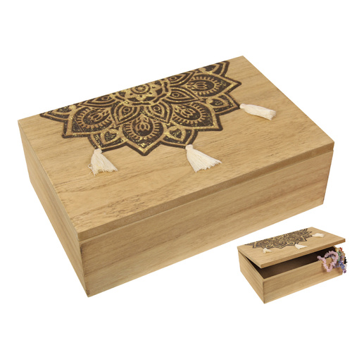 Wooden Trinket Box with Gold Mandala & Tassels 23cm Jewellery Oils Display