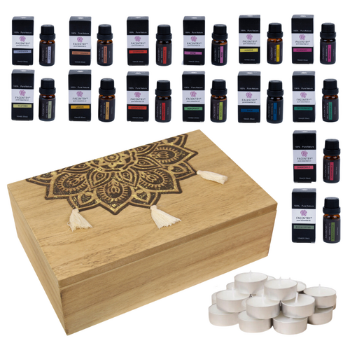 14 Essential Oils with Wooden Storage Box 23cm, 10 Tealight Candles Gift Set