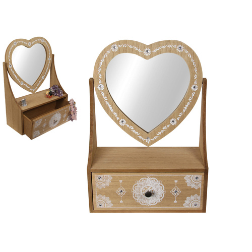 1pce 28cm Boho Heart Mirror Dresser with Draw Mandala Print Jewellery Box