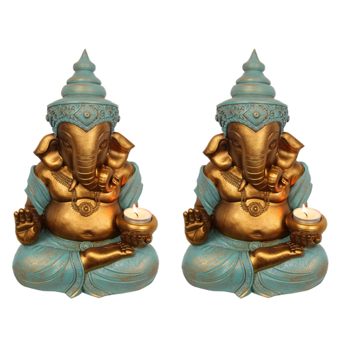 Pair of Ganesh Tealight Candle Holders Gold & Green Sitting Resin 31cm