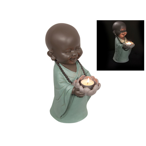 Turquoise Monk with Lotus Flower Tealight Candle Holder 31cm Resin Home Decor