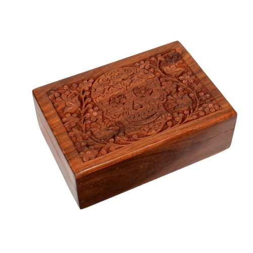 18cm Candy Skull Carved Sheesham Wood Trinket Box Jewellery Storage